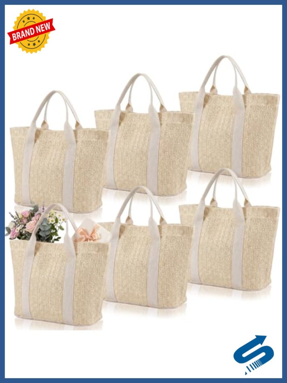 6-Pack Handwoven Burlap Tote Bag Set with Reinforced Handles